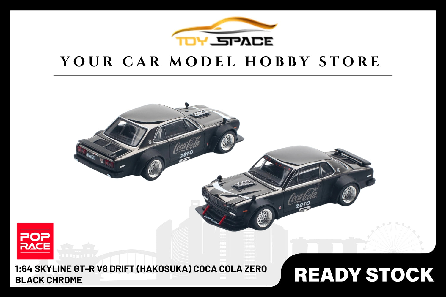 [POP RACE] 1:64 Skyline GT-R V8 Drift (Hakosuka) Coca Cola Zero Black Chrome