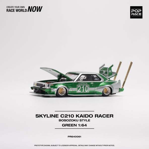 Pop Race 1/64 Skyline C210 Kaido Racer (Bosoku Style) - Silver/Green