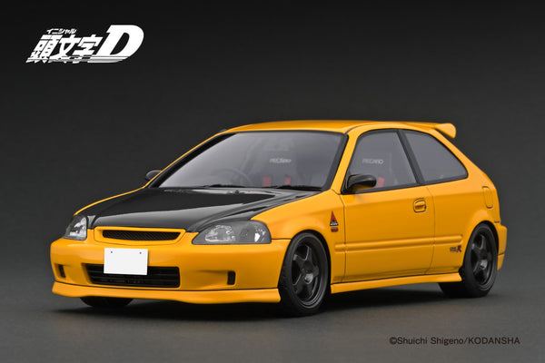 [IGNITION MODEL] 1:18 INITIAL D Honda Civic (EK9) Type R Yellow With Carbon Bonnet [IG3629]