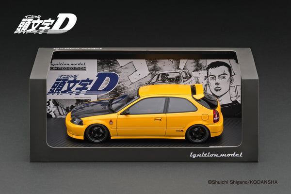 [IGNITION MODEL] 1:18 INITIAL D Honda Civic (EK9) Type R Yellow With Carbon Bonnet [IG3629]