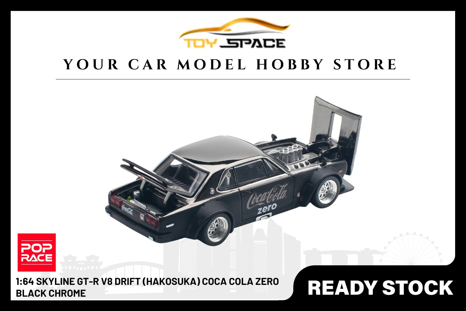 [POP RACE] 1:64 Skyline GT-R V8 Drift (Hakosuka) Coca Cola Zero Black Chrome