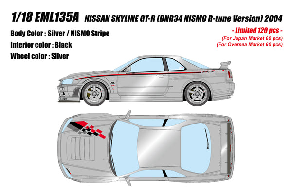 [MAKE UP] 1:18 Nissan Skyline GT-R (BNR34 NISMO R-Tune Version) 2004 Silver / NISMO Stripe [EML135A]