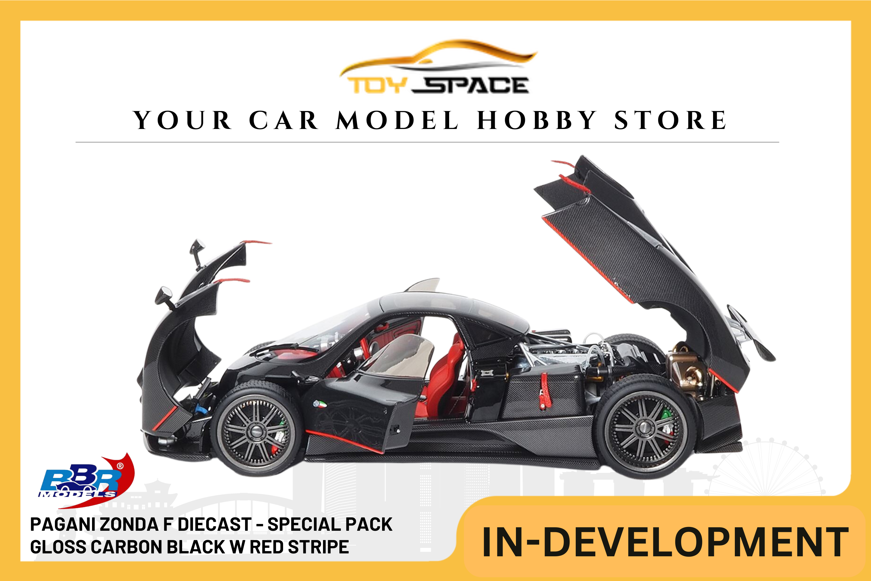 [BBR MODELS] 1:18 Pagani Zonda F Diecast Gloss Carbon Black with Red Stripe - Special Pack