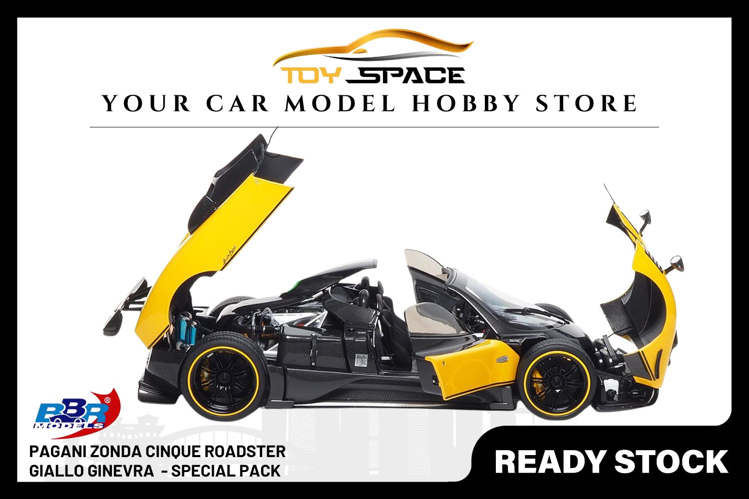 [BBR MODELS] 1:18 Pagani Zonda Cinque Roadster Diecast Geneva Yellow - Special Pack
