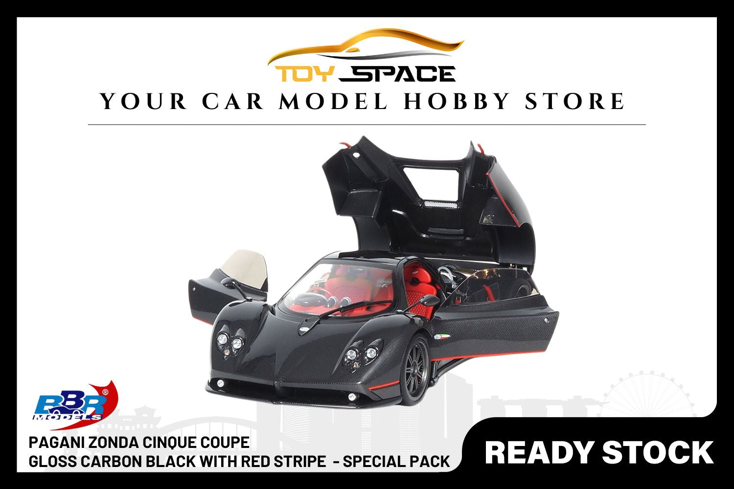 [BBR MODELS] 1:18 Pagani Zonda F Diecast Gloss Carbon Black with Red Stripe - Special Pack