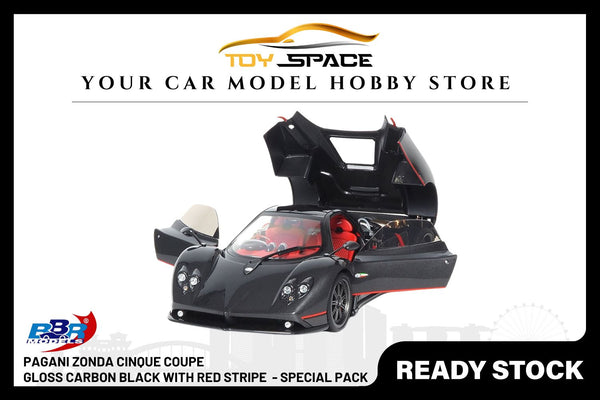 [BBR MODELS] 1:18 Pagani Zonda F Diecast Gloss Carbon Black with Red Stripe - Special Pack
