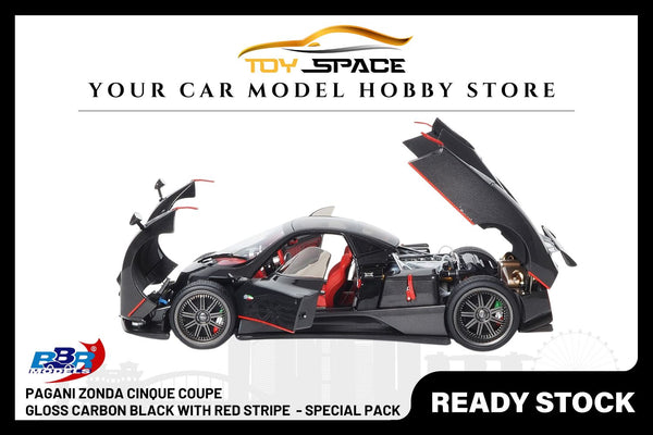 [BBR MODELS] 1:18 Pagani Zonda F Diecast Gloss Carbon Black with Red Stripe - Special Pack