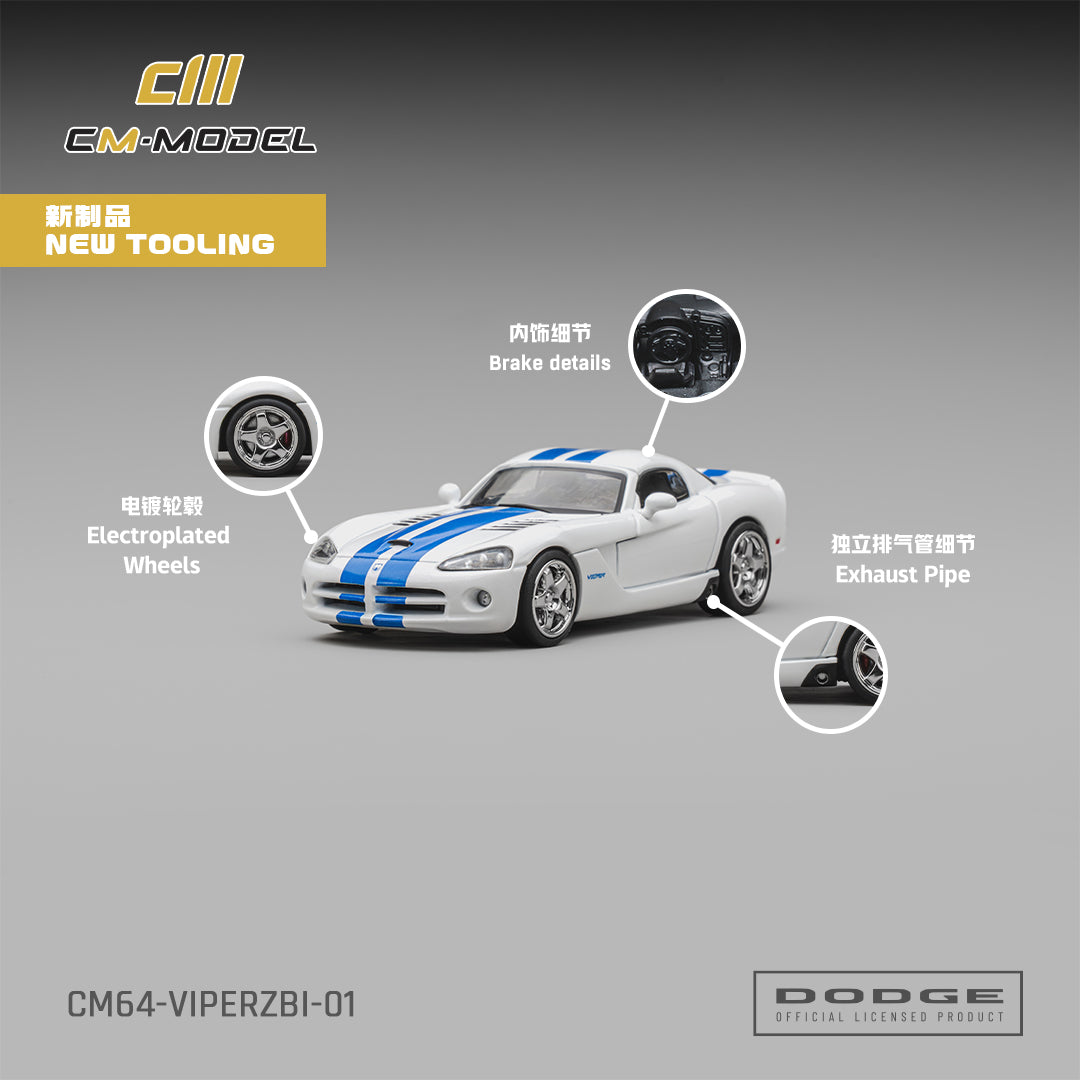 [CM MODEL] 1:64 Dodge Viper (ZBI) Stone White With Blue Racing Stripes - Toy Space Diecast Online Store Singapore