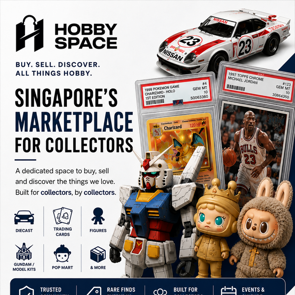 Advertisement for Hobby Space, a marketplace for collectors featuring collectibles like a car, cards, and toys.