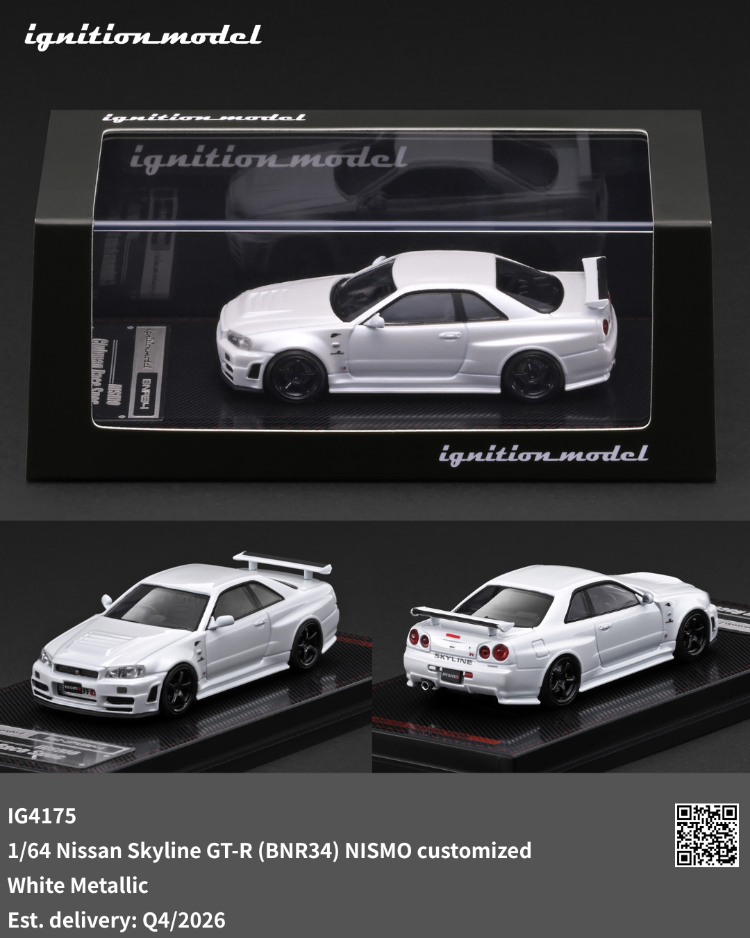 [IGNITION MODEL] 1:64 Nissan Skyline GT-R (BNR34) Nismo Customized White Metallic [IG4175] - Toy Space Diecast Online Store Singapore