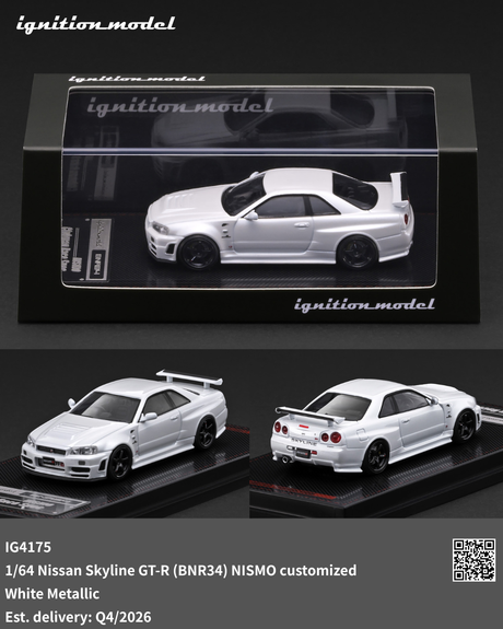 [IGNITION MODEL] 1:64 Nissan Skyline GT-R (BNR34) Nismo Customized White Metallic [IG4175] - Toy Space Diecast Online Store Singapore