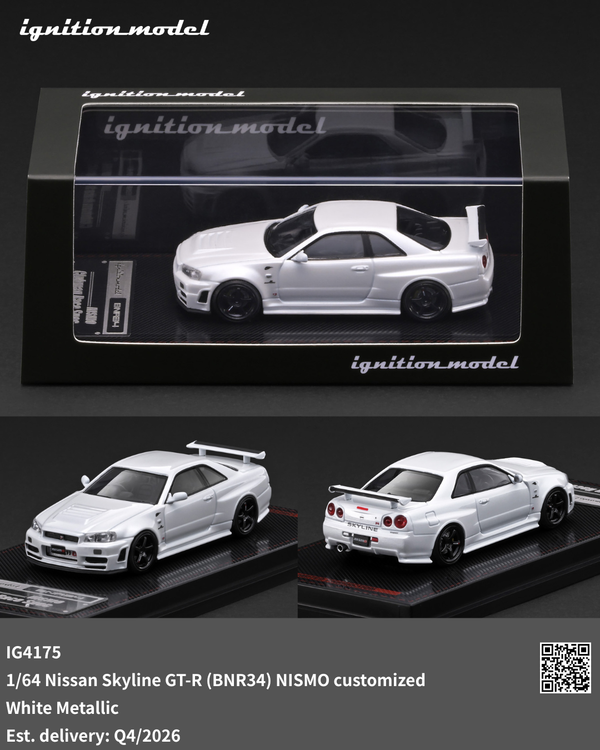 [IGNITION MODEL] 1:64 Nissan Skyline GT-R (BNR34) Nismo Customized White Metallic [IG4175] - Toy Space Diecast Online Store Singapore