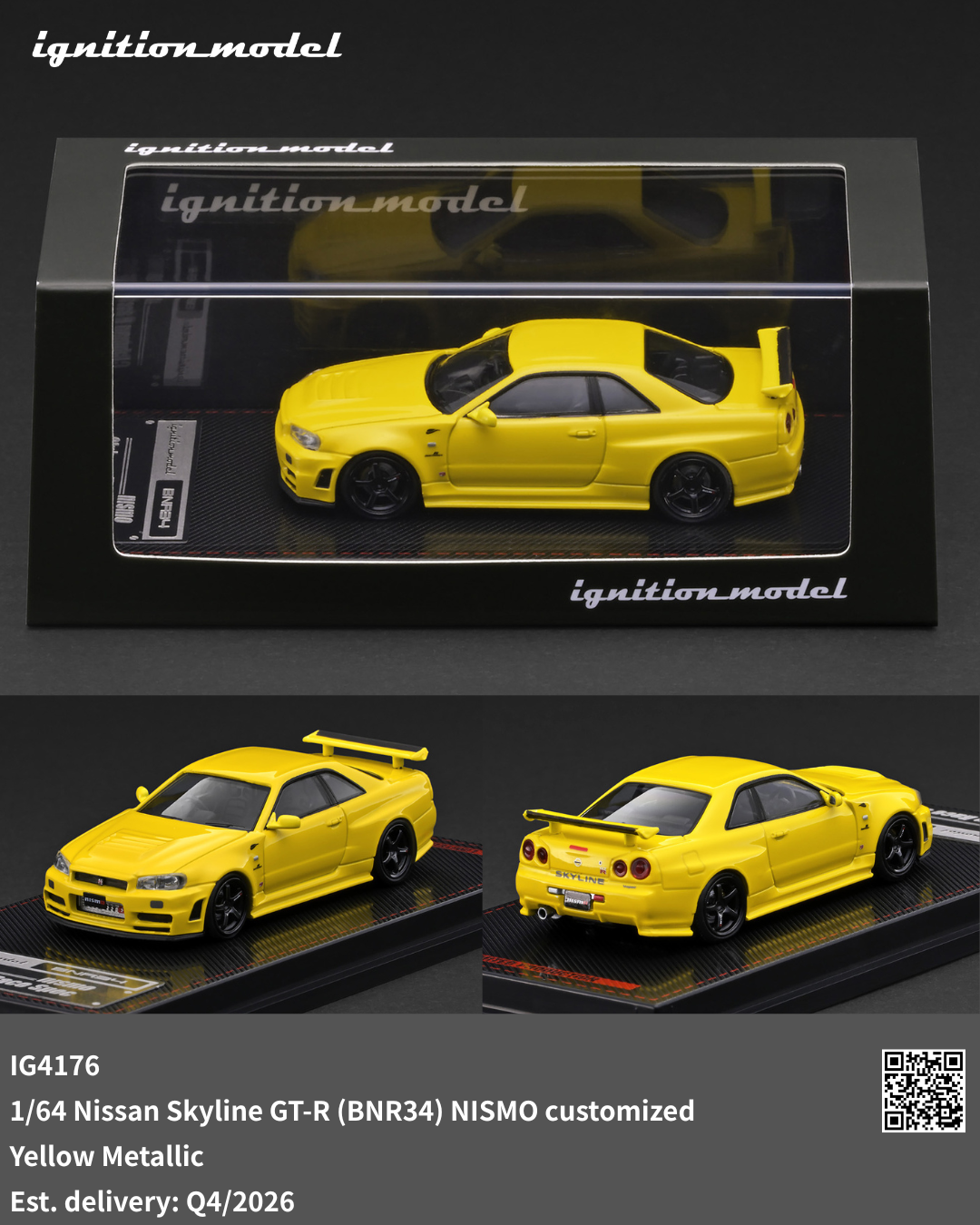 [IGNITION MODEL] 1:64 Nissan Skyline GT-R (BNR34) Nismo Customized Yellow Metallic [IG4176] - Toy Space Diecast Online Store Singapore