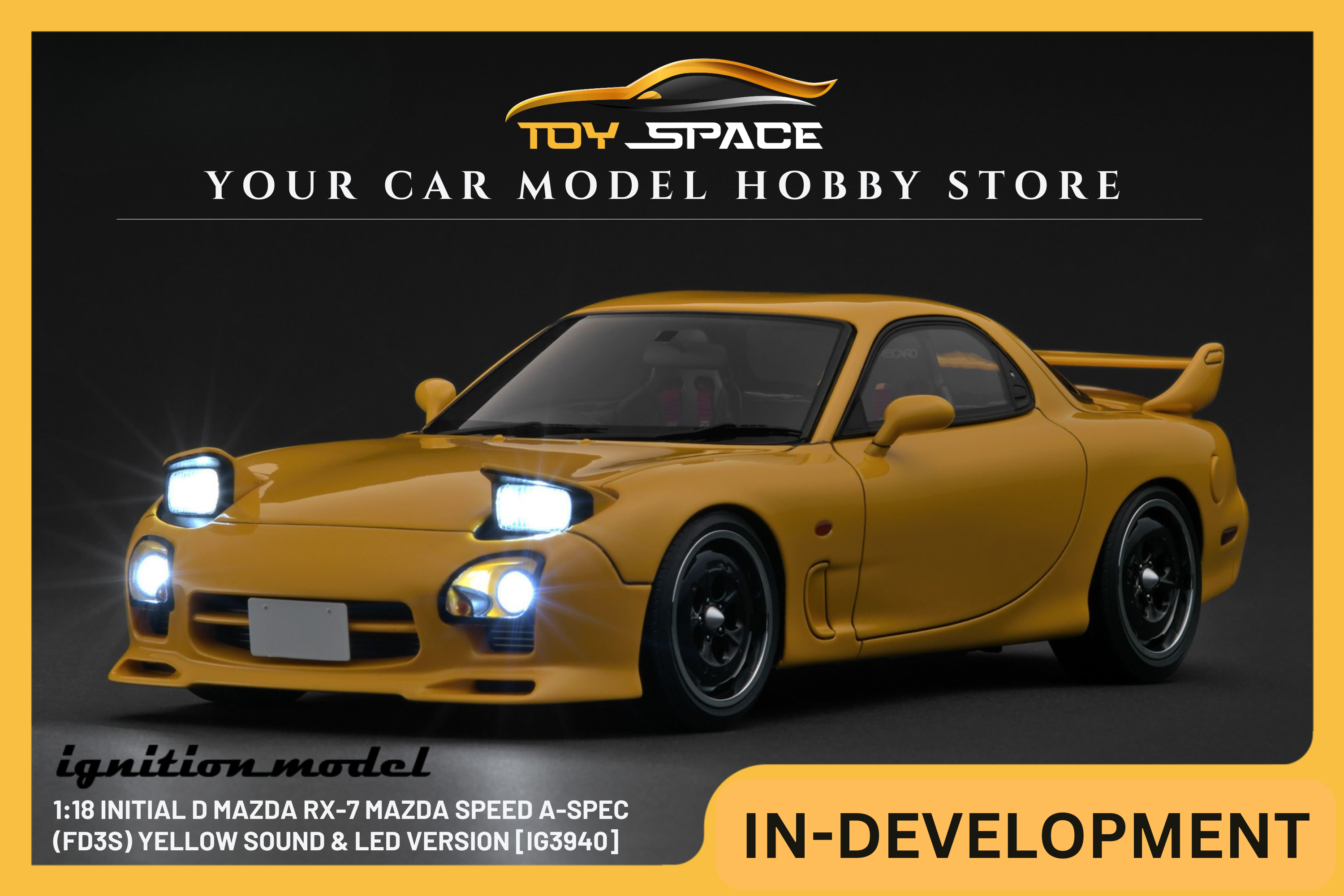 [IGNITION MODEL] 1:18 INITIAL D Mazda RX-7 Mazda Speed A-Spec (FD3S) Yellow Sound & LED Version [IG3940]