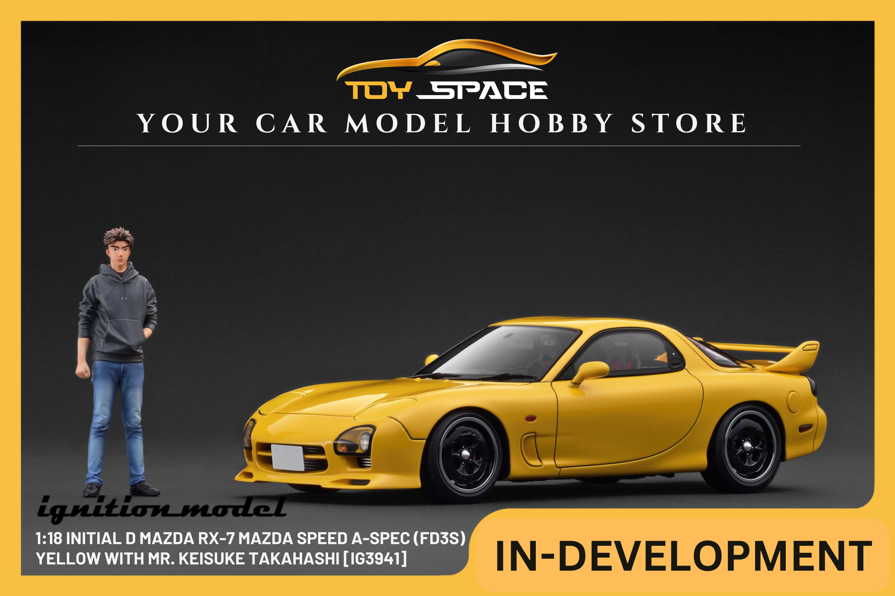 [IGNITION MODEL] 1:18 INITIAL D Mazda RX-7 Mazda Speed A-Spec (FD3S) Yellow With Mr. Keisuke Takahashi [IG3941]