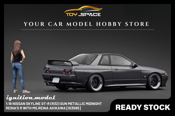 [IGNITION MODEL] 1:18 Nissan Skyline GT-R (R32) Gun Metallic MIDNIGHT Reina's R With Ms.Reina Akikawa [IG3595] - Toy Space Diecast Online Store Singapore