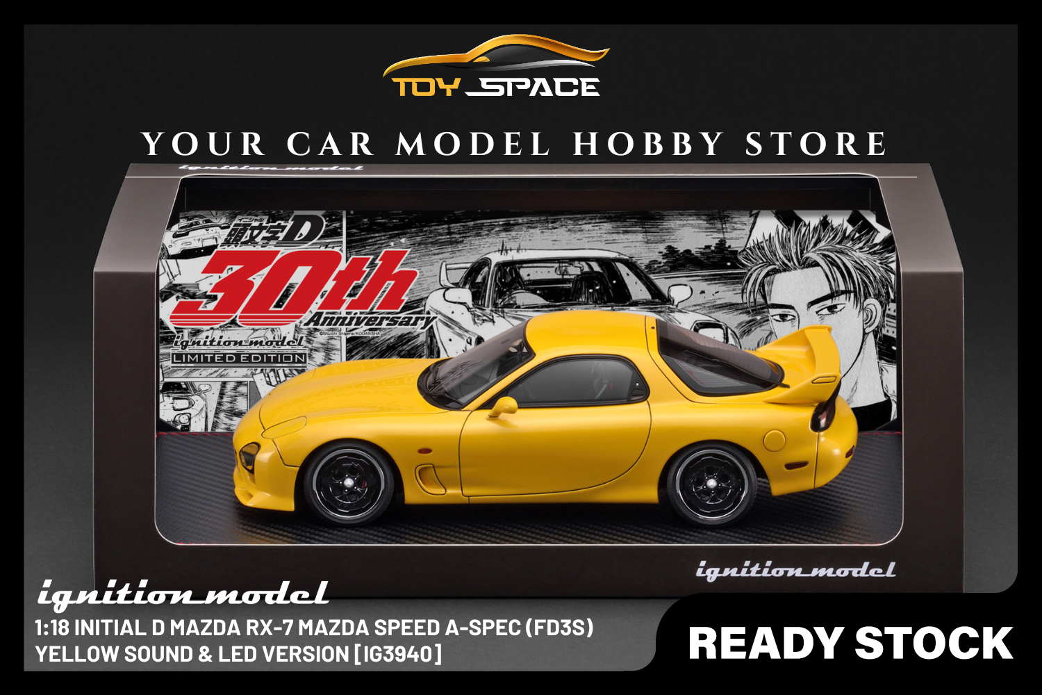 [IGNITION MODEL] 1:18 INITIAL D Mazda RX-7 Mazda Speed A-Spec (FD3S) Yellow Sound & LED Version [IG3940]