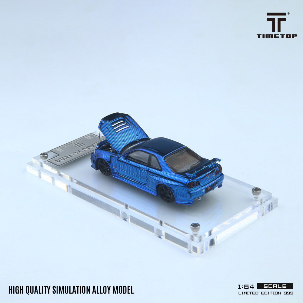 [TIME TOP] 1:64 Nissan GTR34 Full Carbon Chrome Blue - Toy Space Diecast Online Store Singapore