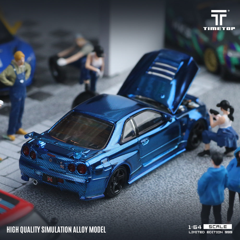 [TIME TOP] 1:64 Nissan GTR34 Full Carbon Chrome Blue - Toy Space Diecast Online Store Singapore
