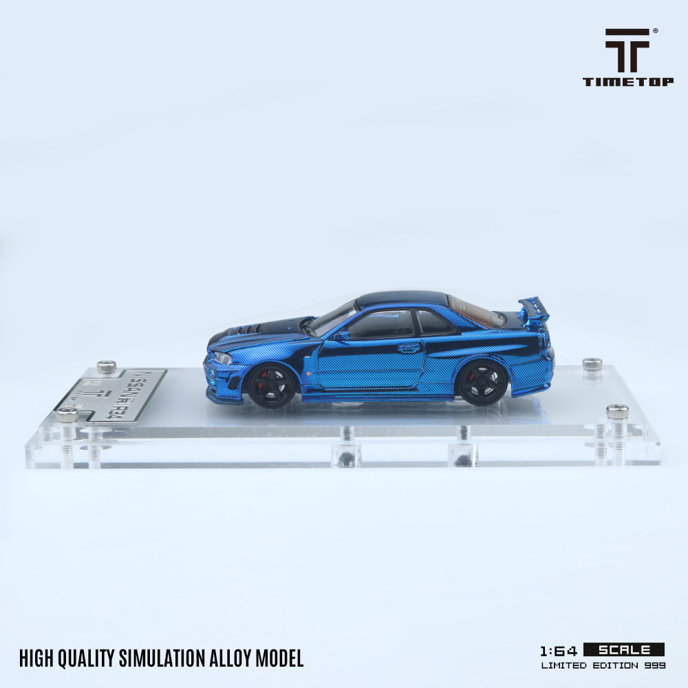 [TIME TOP] 1:64 Nissan GTR34 Full Carbon Chrome Blue - Toy Space Diecast Online Store Singapore