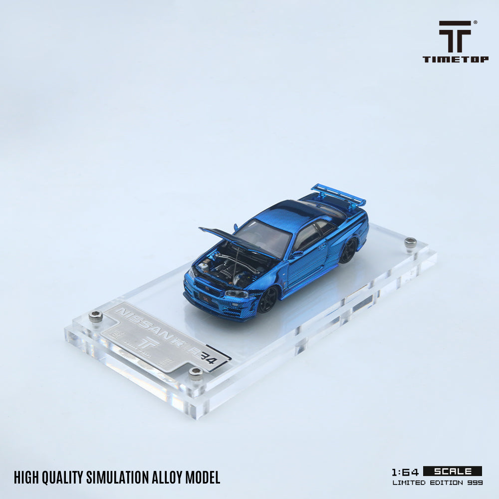 [TIME TOP] 1:64 Nissan GTR34 Full Carbon Chrome Blue - Toy Space Diecast Online Store Singapore
