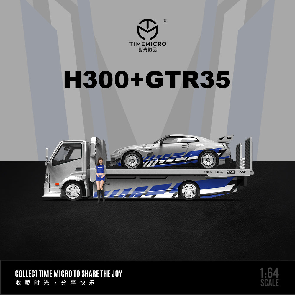 [TIME MICRO] 1:64 HINO 300 Flatbed Transport Trailer Nissan GTR R35 Silver/Blue Livery