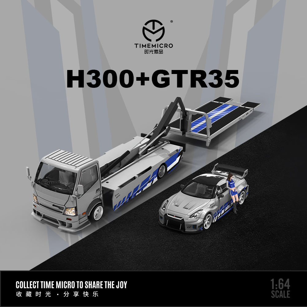 [TIME MICRO] 1:64 HINO 300 Flatbed Transport Trailer Nissan GTR R35 Silver/Blue Livery