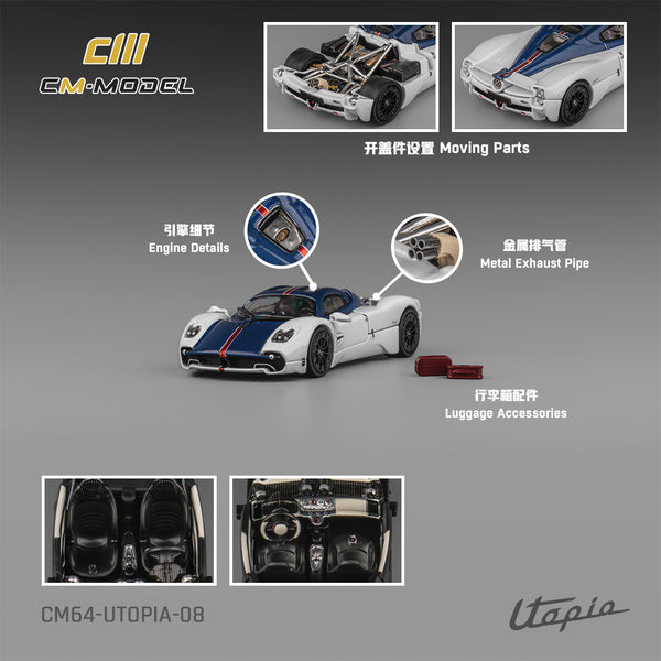 [CM MODEL] 1:64 Pagani Utopia Bianco Benny With Blu Francia Carbon & Rosso Monza Stripe