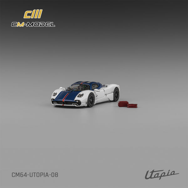 [CM MODEL] 1:64 Pagani Utopia Bianco Benny With Blu Francia Carbon & Rosso Monza Stripe