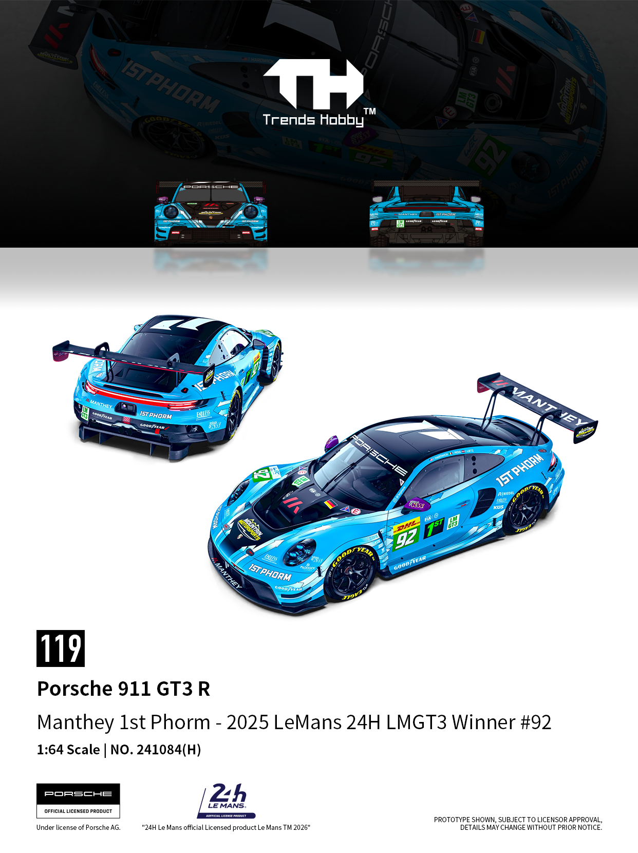 [TRENDS HOBBY] Porsche 911 GT3 R Manthey 1st Phrom - 2025 LeMans 24H LMGT3 Winner #92 - Toy Space Diecast Online Store Singapore