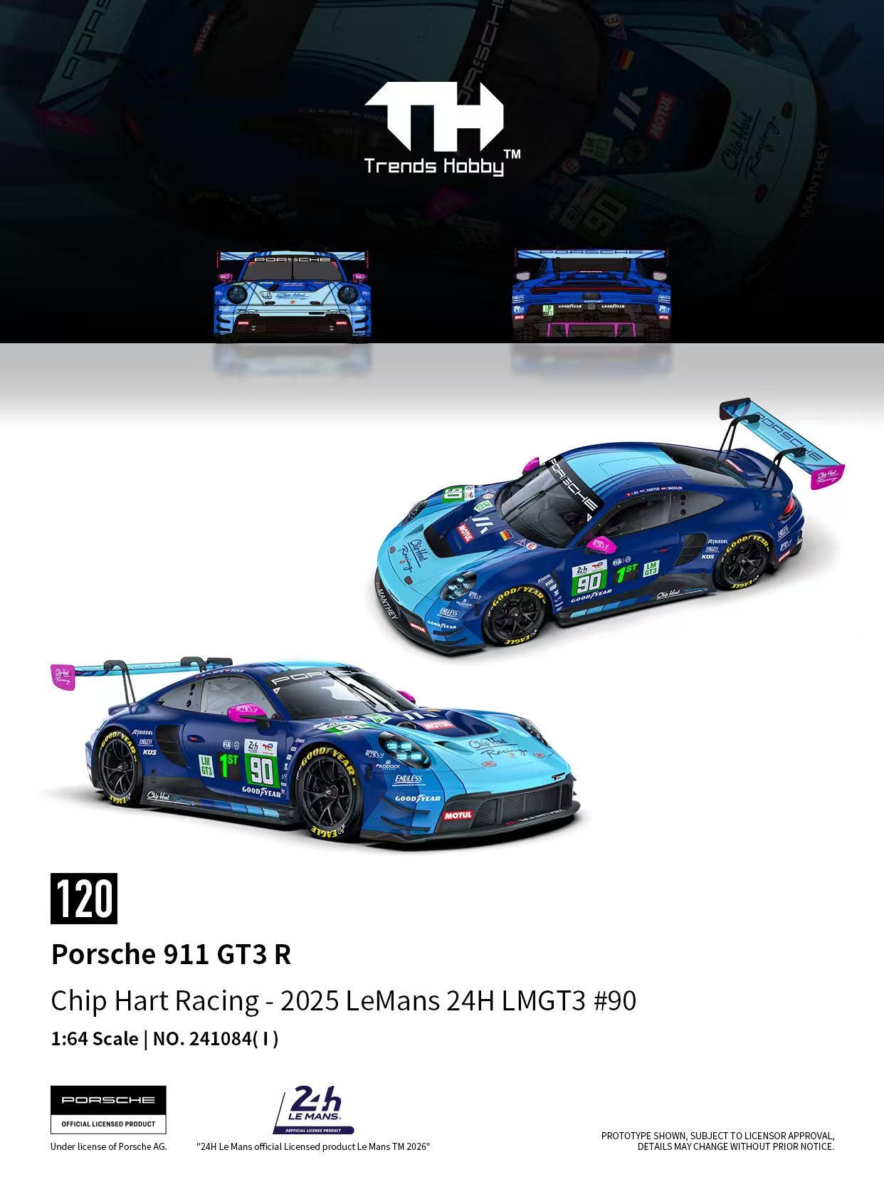 [TRENDS HOBBY] Porsche 911 GT3 R Chip Hart Racing - 2025 LeMans 24H LMGT3 #90 - Toy Space Diecast Online Store Singapore