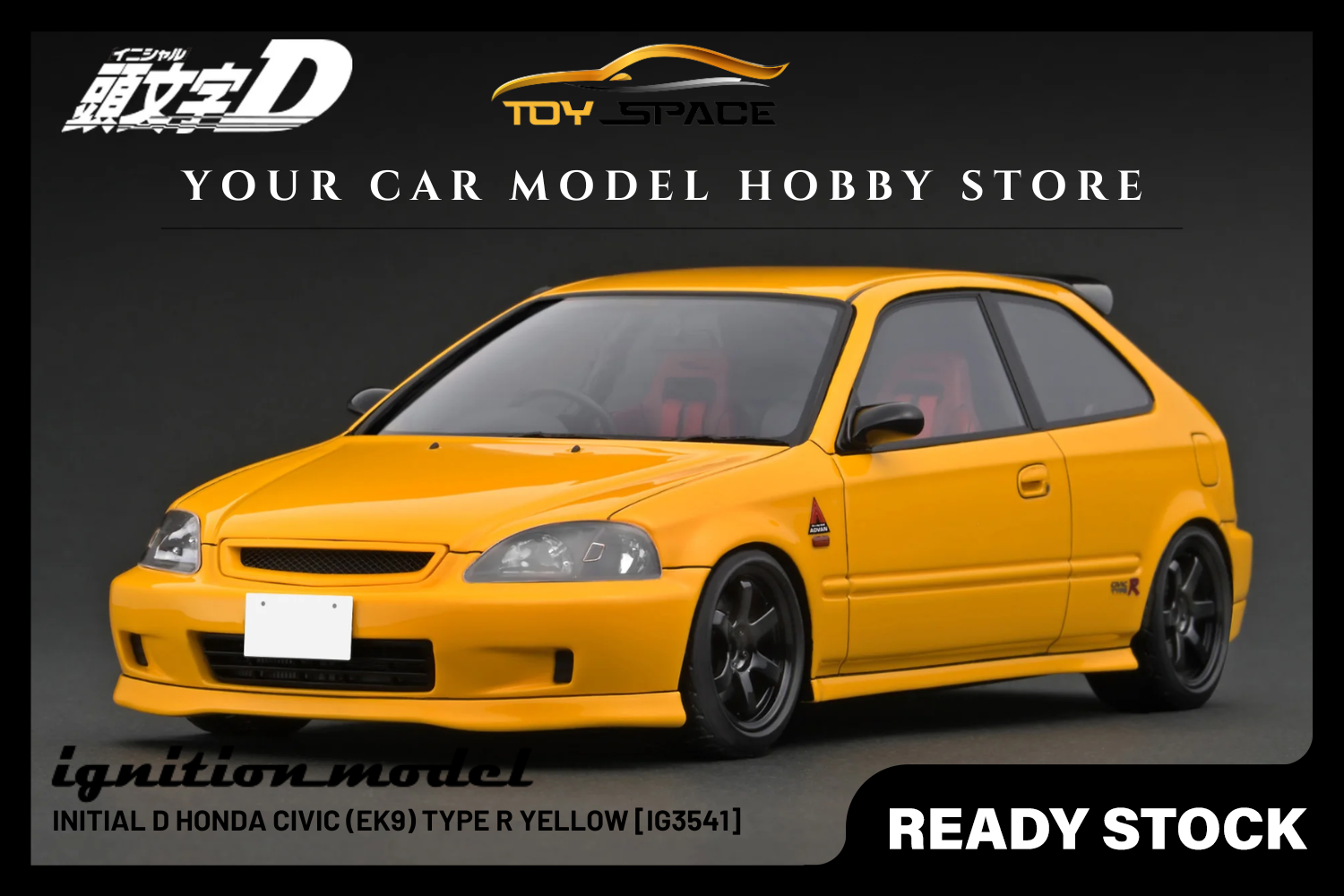 [IGNITION MODEL] 1:18 INITIAL D Honda Civic (EK9) Type R Yellow [IG3541]