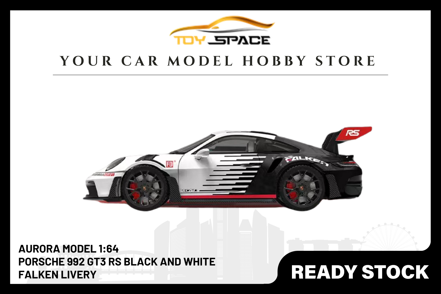 [AURORA MODEL] 1:64 Porsche 992 GT3 RS Black And White Falken Livery