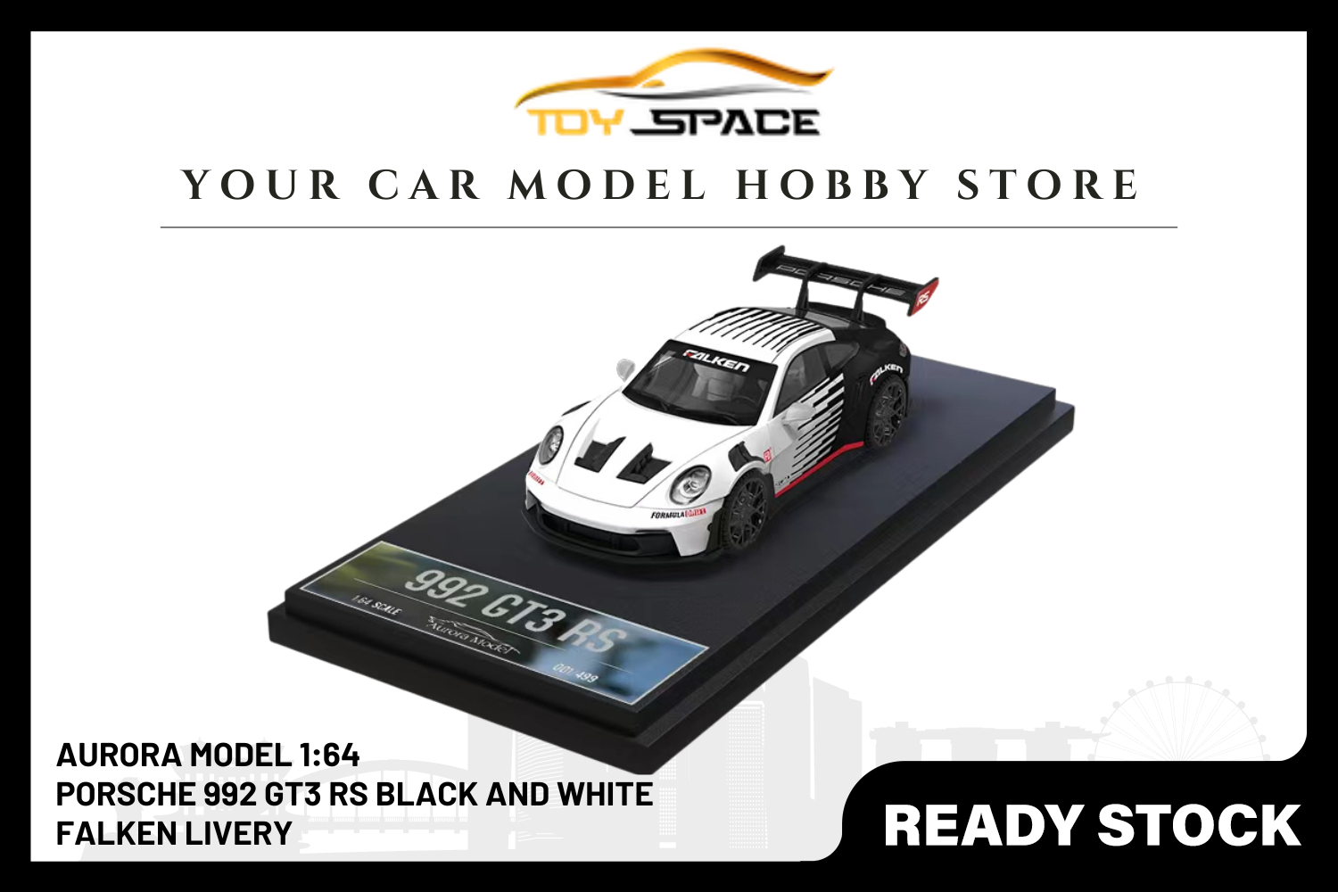 [AURORA MODEL] 1:64 Porsche 992 GT3 RS Black And White Falken Livery