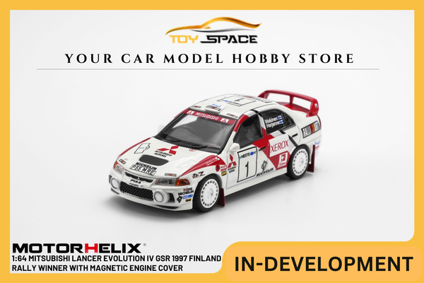 [MOTORHELIX] 1:64 Mitsubishi Lancer Evolution IV GSR 1997 Finland Rally Winner With Magnetic Engine Cover