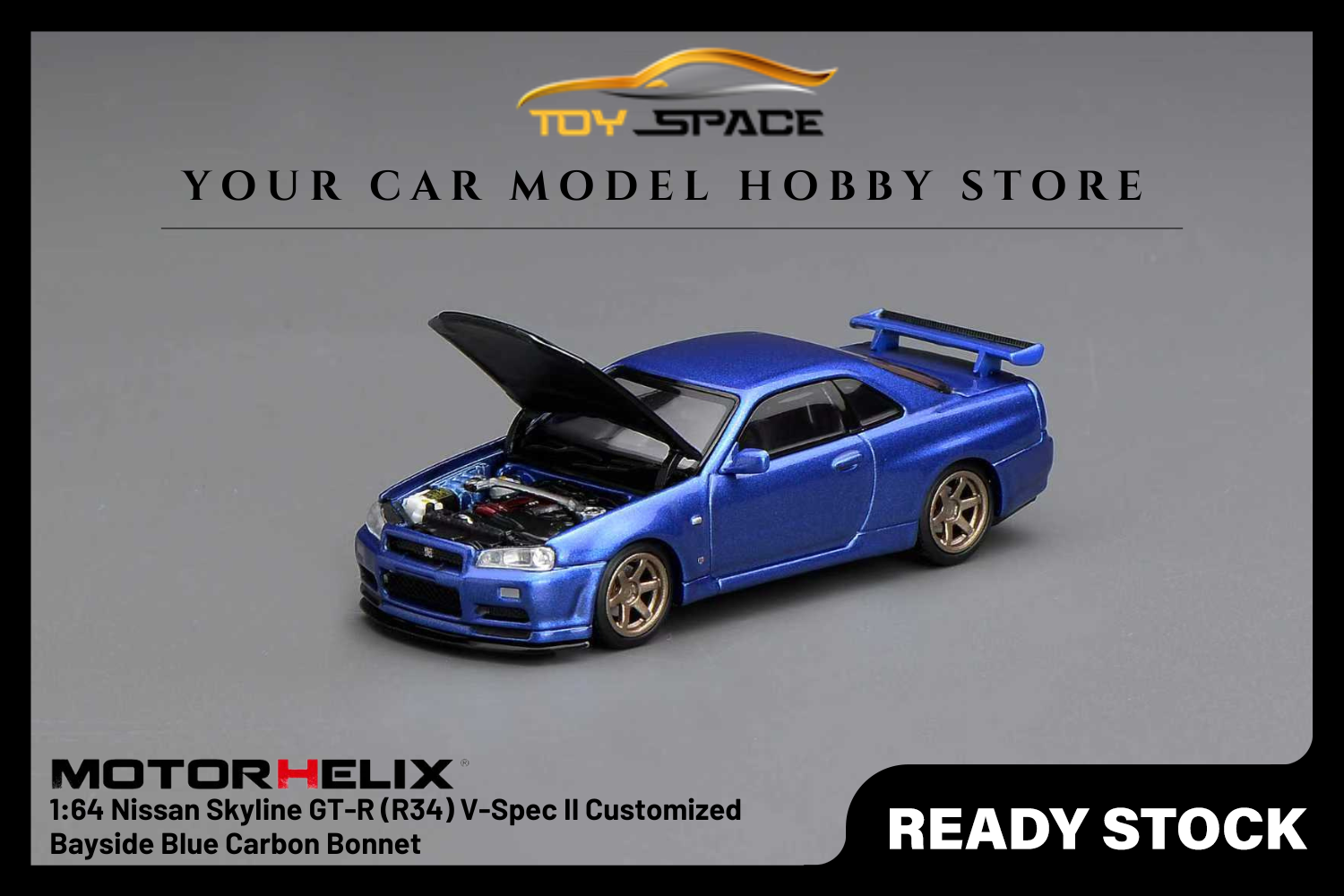 [MOTORHELIX] 1:64 Nissan Skyline GT-R (R34) V-Spec II Customized Bayside Blue Carbon Bonnet - Toy Space Diecast Online Store Singapore