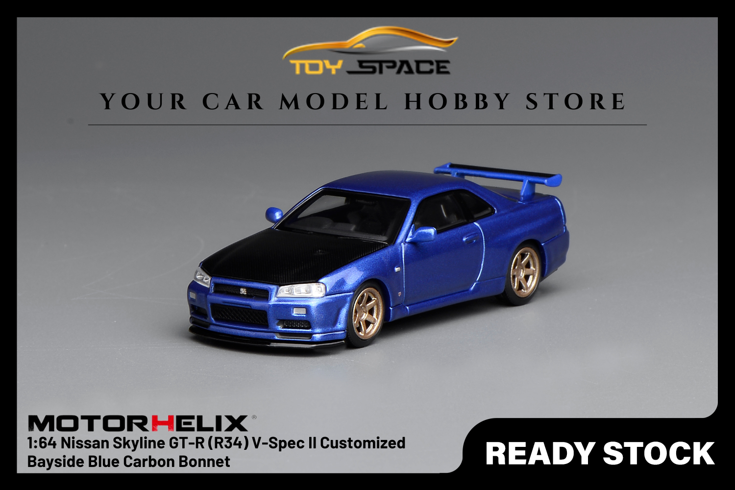 [MOTORHELIX] 1:64 Nissan Skyline GT-R (R34) V-Spec II Customized Bayside Blue Carbon Bonnet - Toy Space Diecast Online Store Singapore