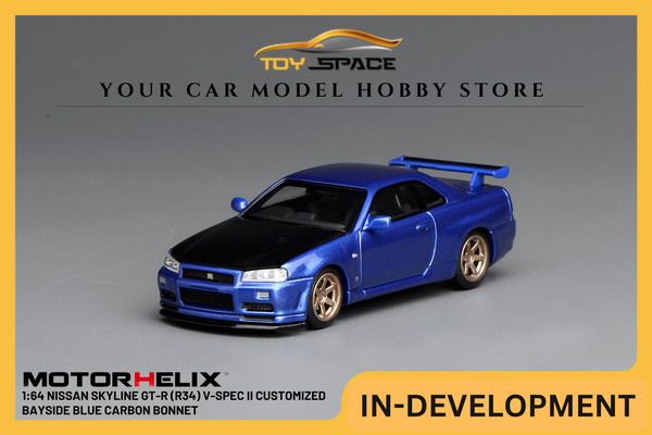 [MOTORHELIX] 1:64 Nissan Skyline GT-R (R34) V-Spec II Customized Bayside Blue Carbon Bonnet