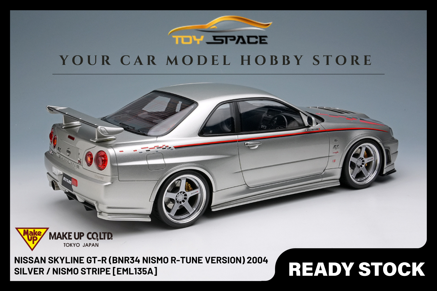 [MAKE UP] 1:18 Nissan Skyline GT-R (BNR34 NISMO R-Tune Version) 2004 Silver / NISMO Stripe [EML135A]