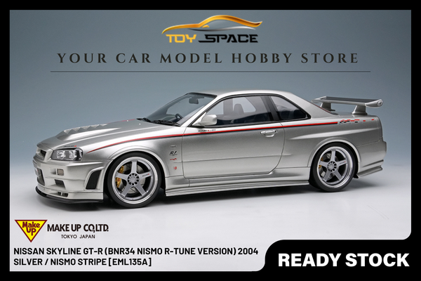 [MAKE UP] 1:18 Nissan Skyline GT-R (BNR34 NISMO R-Tune Version) 2004 Silver / NISMO Stripe [EML135A]