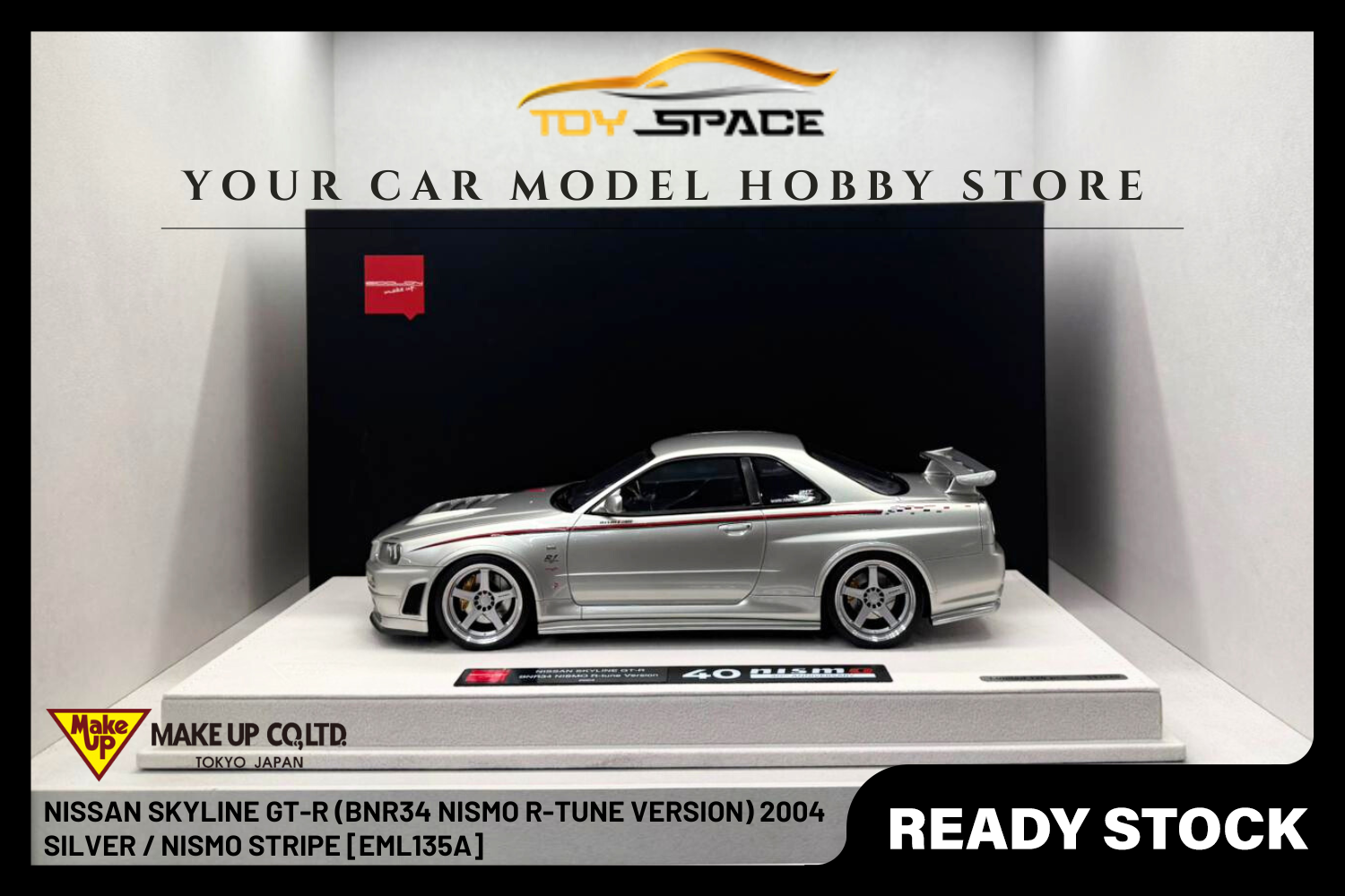 [MAKE UP] 1:18 Nissan Skyline GT-R (BNR34 NISMO R-Tune Version) 2004 Silver / NISMO Stripe [EML135A]