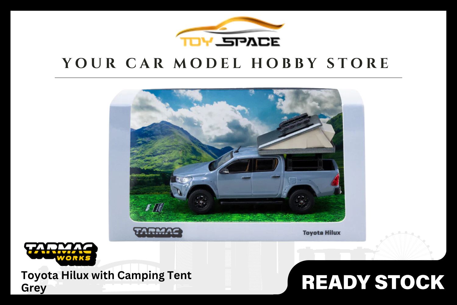 [TARMAC WORKS] 1/64 Toyota Hilux Grey with Camping Tent - ROAD64