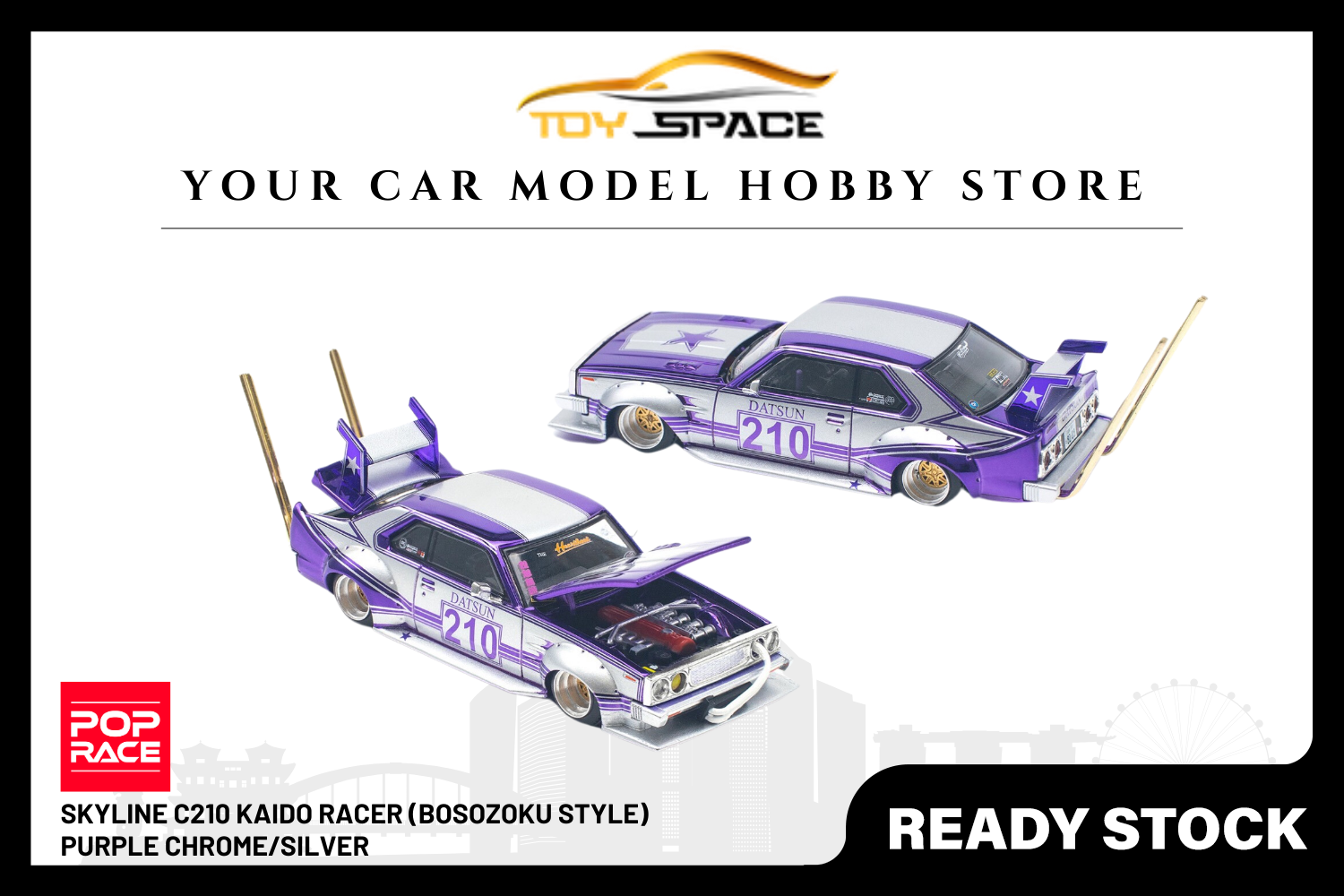 [POP RACE] 1/64 Skyline C210 Kaido Racer (Bosozoku Style) Purple Chrome/Silver