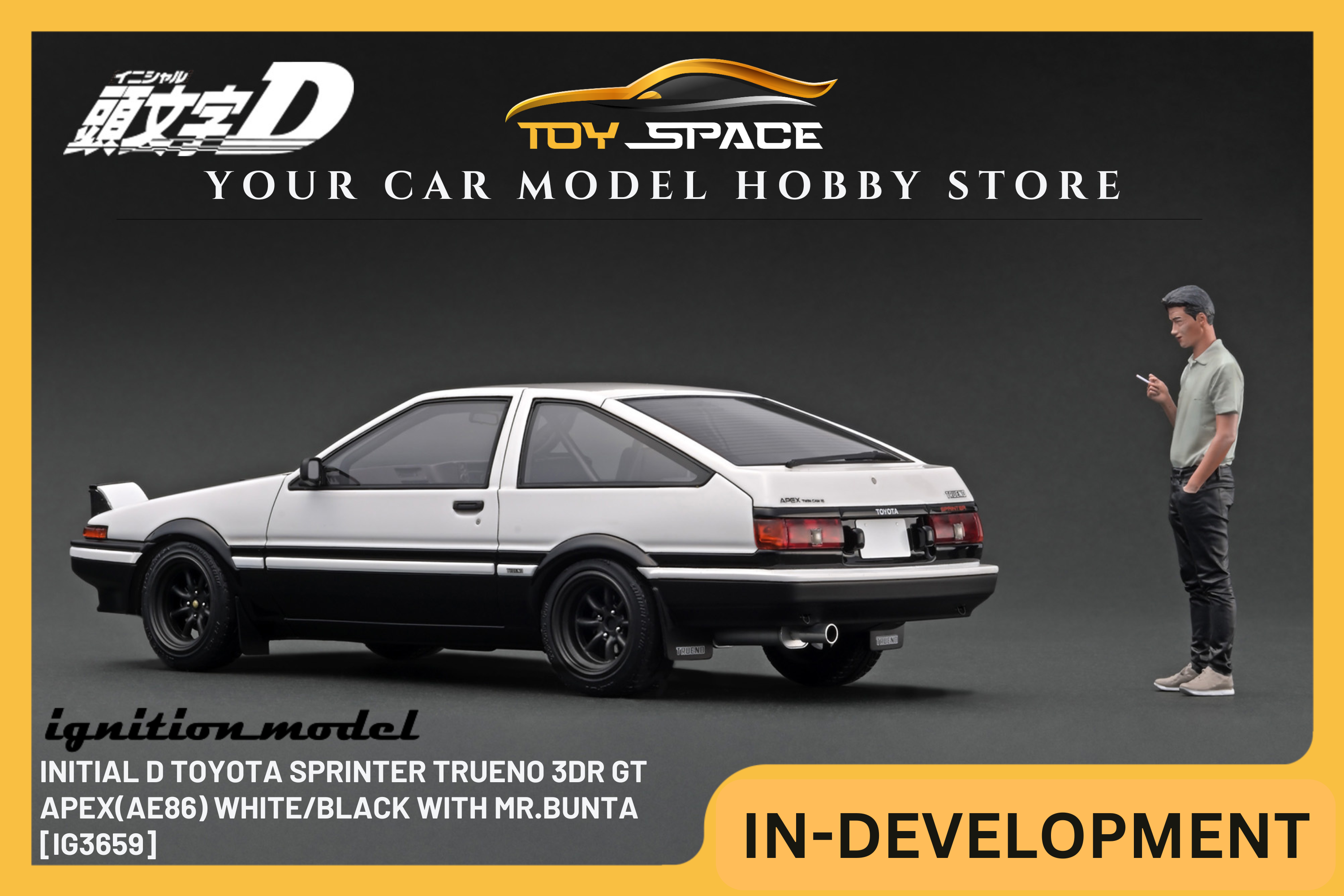 [IGNITION MODEL] 1:18 INITIAL D Toyota Sprinter Trueno 3Dr GT Apex(AE86) White/Black With Mr.Bunta [IG3659]