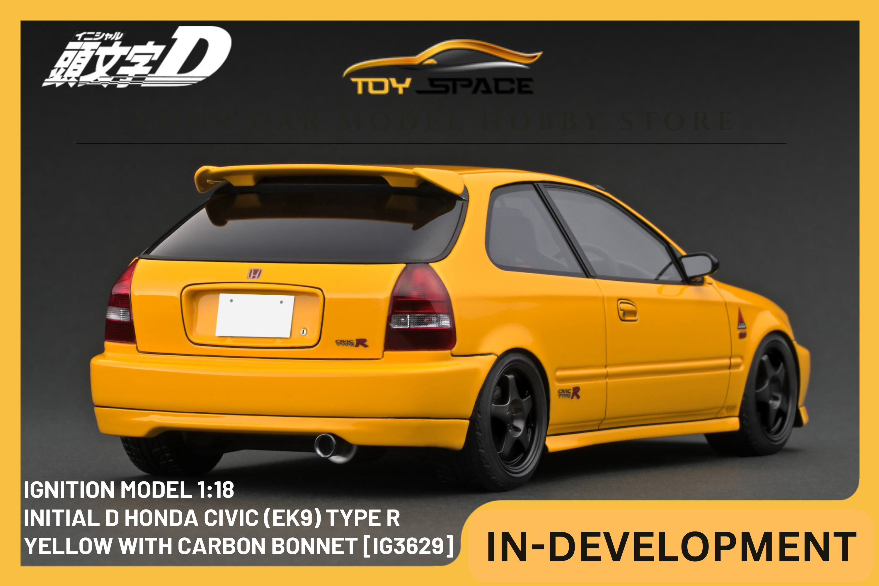 [IGNITION MODEL] 1:18 INITIAL D Honda Civic (EK9) Type R Yellow With Carbon Bonnet [IG3629]