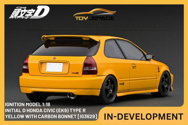 [IGNITION MODEL] 1:18 INITIAL D Honda Civic (EK9) Type R Yellow With Carbon Bonnet [IG3629]