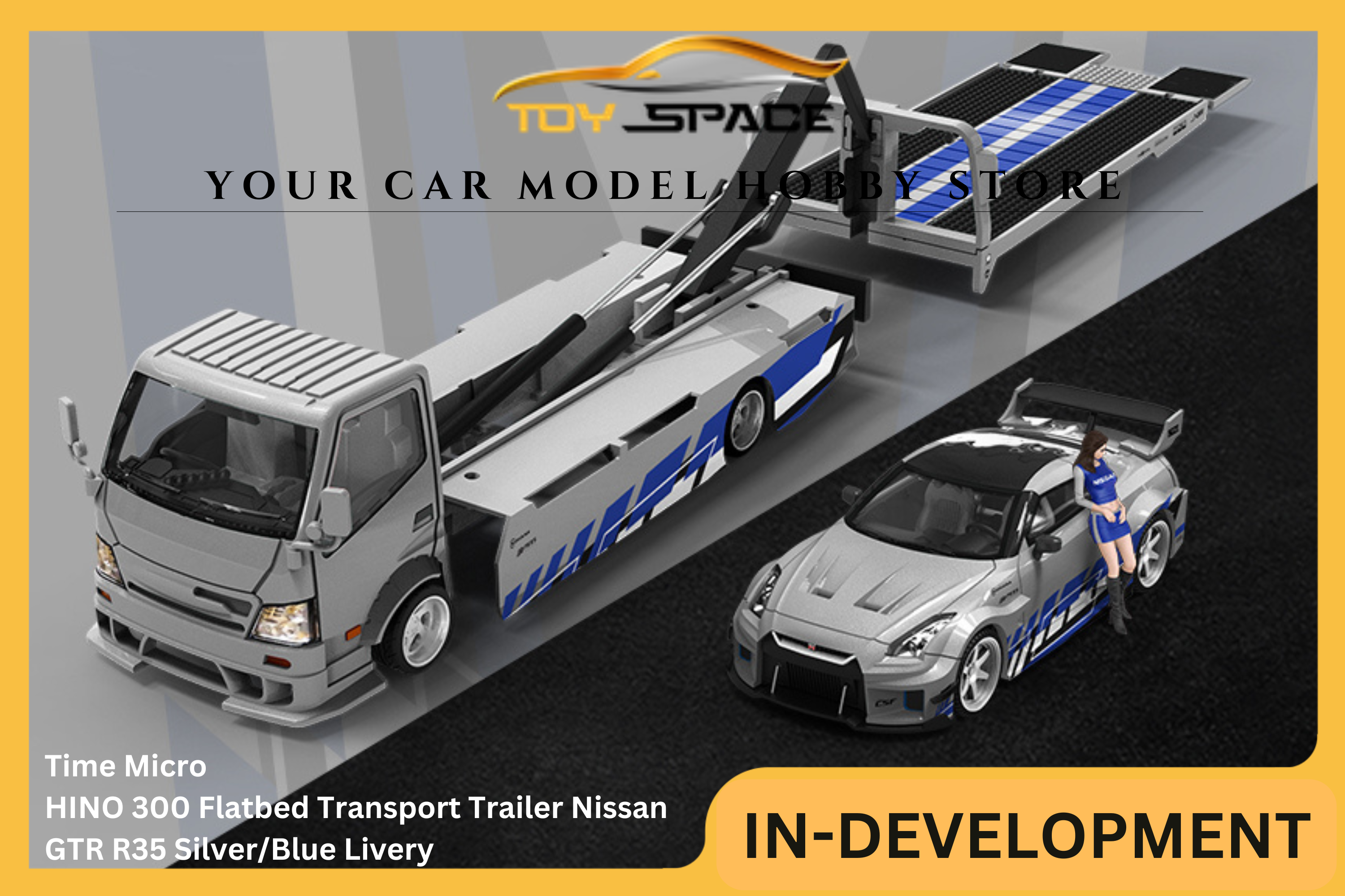 [TIME MICRO] 1:64 HINO 300 Flatbed Transport Trailer Nissan GTR R35 Silver/Blue Livery