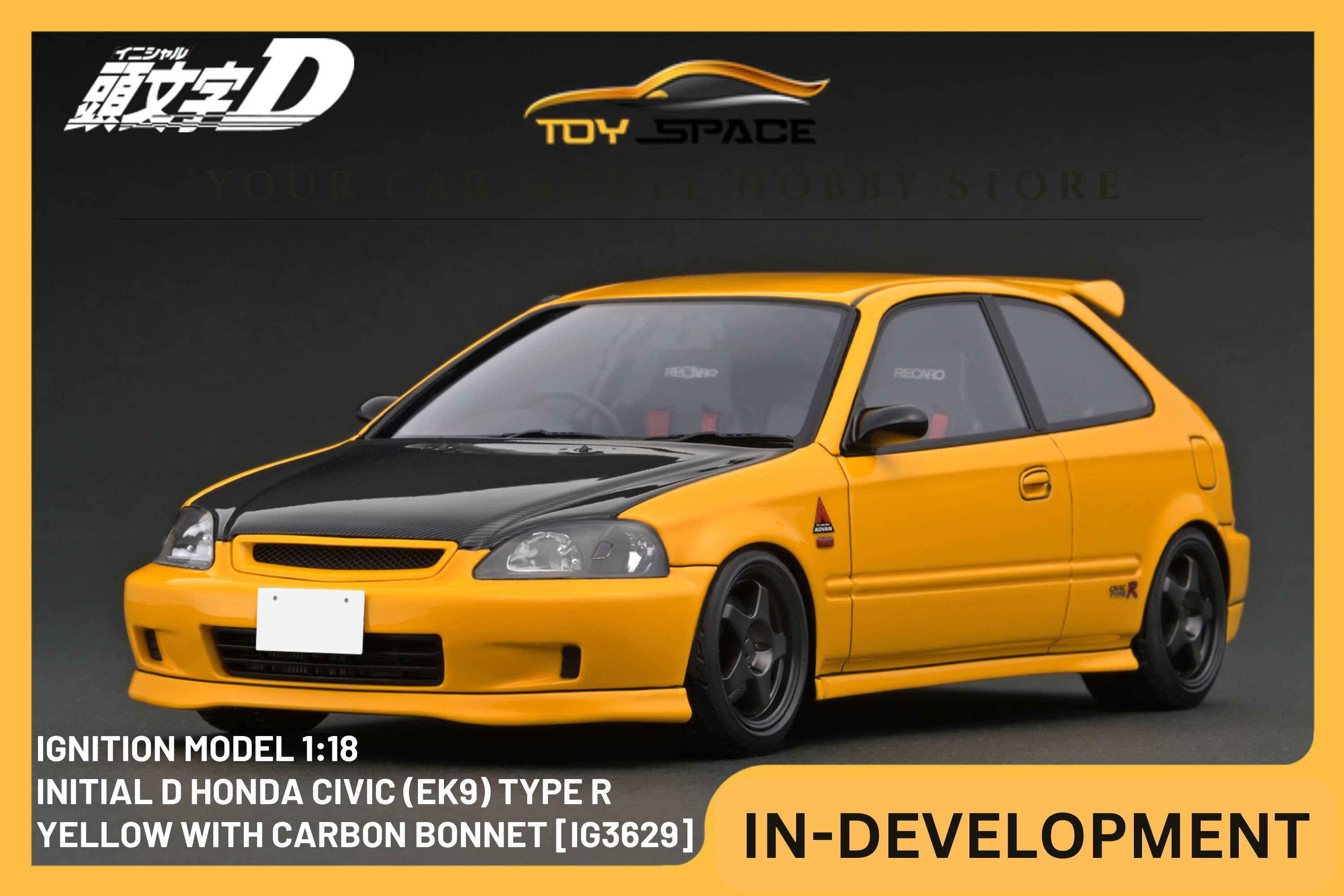 [IGNITION MODEL] 1:18 INITIAL D Honda Civic (EK9) Type R Yellow With Carbon Bonnet [IG3629]