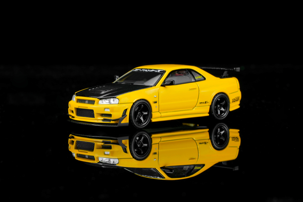 [MOTORHELIX] 1:64 Nissan Skyline GT-R (R34) Customized With GT Aero Kit Lightning Yellow - Toy Space Diecast Online Store Singapore