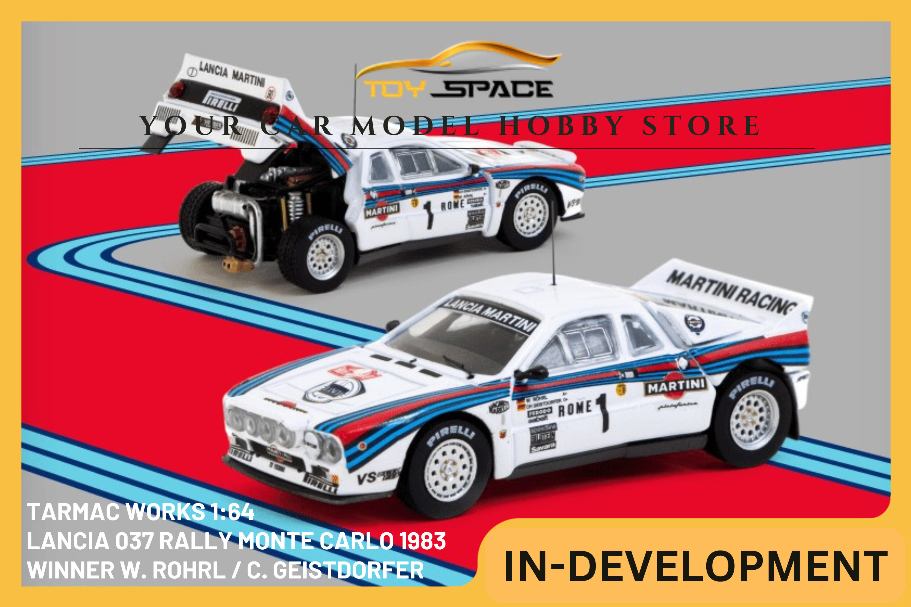 [TARMAC WORKS] 1:64 Lancia 037 Rally Monte Carlo 1983 Winner W. Rohrl / C. Geistdorfer - HOBBY64